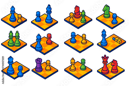 Colorful Chess Endgames. Isometric vector illustration set Chess endgames: king and pawn vs king, rook endgame, queen endgame,