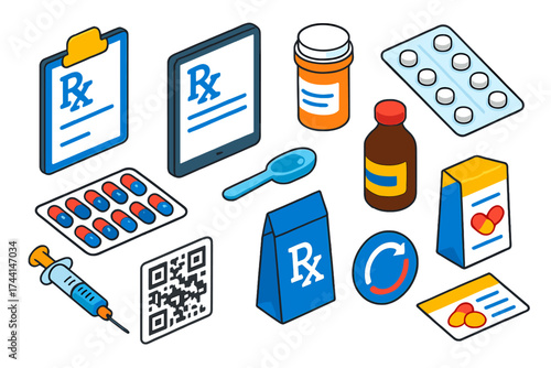 Medical Prescription Icons. Isometric vector illustration set Medical prescriptions: paper prescription pad, electronic