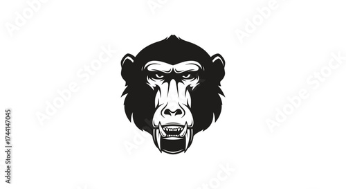 Fierce Baboon Head Black and White Logo Keywords: baboon, monkey, ape, animal, wildlife, head
