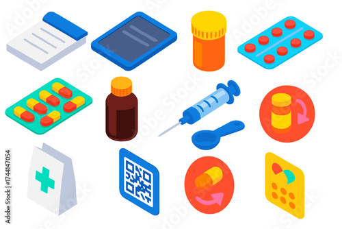 Medical Prescription Icons. Isometric vector illustration set Medical prescriptions: paper prescription pad, electronic