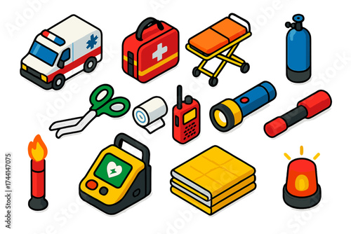 Emergency Healthcare Icons. Isometric vector illustration set Emergency healthcare icons: ambulance, paramedic bag, emergency