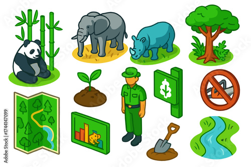 Forest Conservation Icons. Isometric vector illustration set Forest conservation: panda in bamboo forest, elephant in savannah,