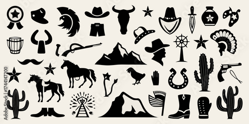 Collection of silhouette icons representing the american west and cowboy culture