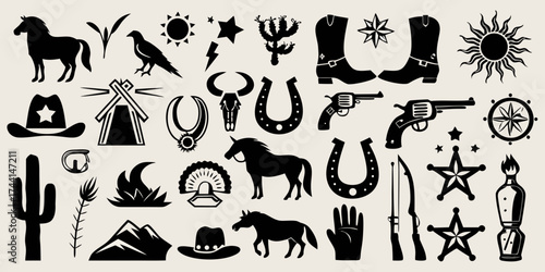 Collection of western cowboy and wild west icons silhouette set
