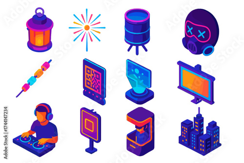 City Light Festival. Isometric vector illustration set City light festival: neon lantern, electric firework, steel drum, cyberpunk