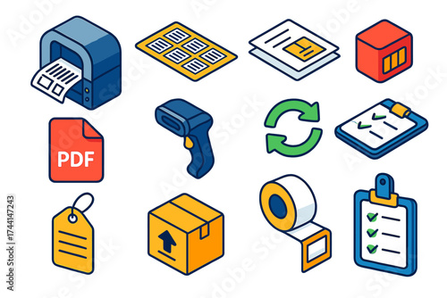 Warehouse Icons Set. Isometric vector illustration set Warehouse printing: industrial printer, barcode sticker sheet, shipment
