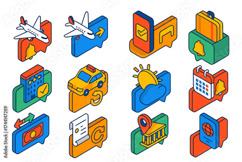 Travel App Notifications. Isometric vector illustration set Travel app notifications: flight boarding alert, gate change notice,