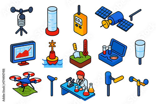 Climate Research Icons. Isometric vector illustration set Climate research: weather station, ice core sample, CO2 measuring device