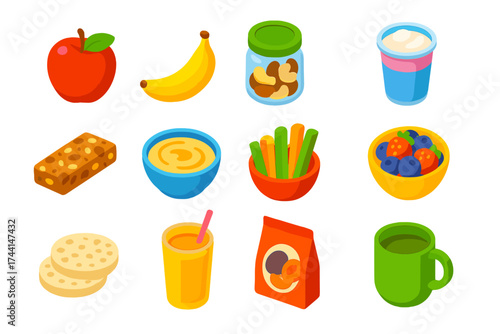 Colorful Healthy Snacks Icons. Isometric vector illustration set Healthy snacks: apple, banana, mixed nuts jar, yogurt cup,