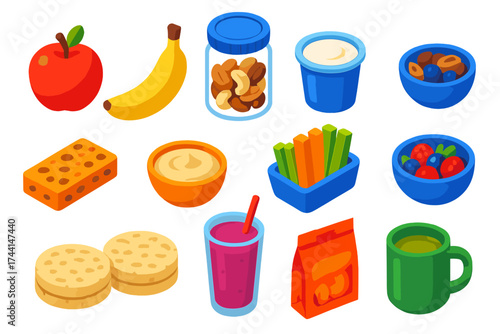 Colorful Healthy Snacks Icons. Isometric vector illustration set Healthy snacks: apple, banana, mixed nuts jar, yogurt cup,