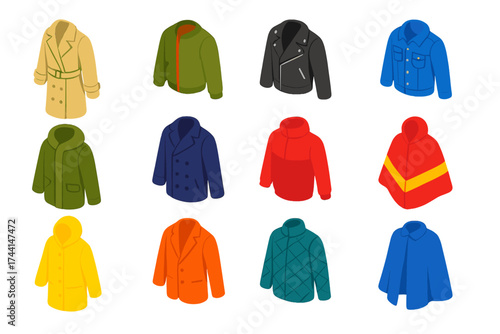 Colorful Outerwear Icons. Isometric vector illustration set Outerwear styles: trench coat, bomber jacket, leather jacket, denim