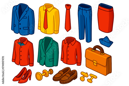 Bold Business Attire Icons. Isometric vector illustration set Business attire: suit jacket, dress shirt, tie, dress pants, pencil