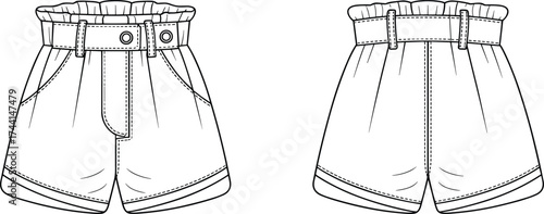 High waist paper bag shorts front and back technical flat sketch with belt and pockets, fashion design vector template, women summer clothing illustration