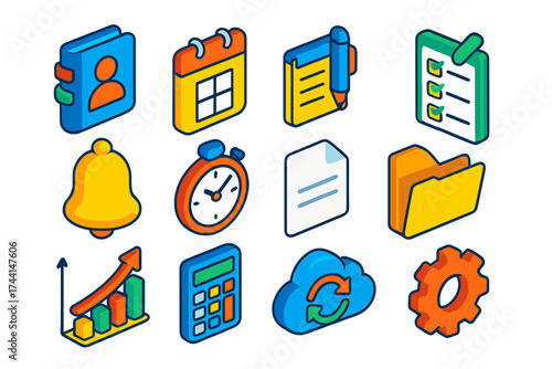 Colorful Organizer Icons. Isometric vector icon set personal organizer: contacts person, calendar date, notepad pen, checklist,