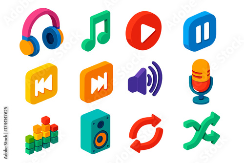 Vibrant Music Icons. Isometric vector icon set music enjoyment: headphones, music note, play button, pause, skip next, skip back,