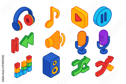 Vibrant Music Icons. Isometric vector icon set music enjoyment: headphones, music note, play button, pause, skip next, skip back,