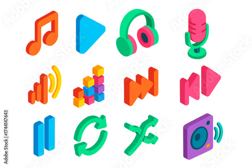 Bold Music Icons. Isometric vector icon set music streaming: music note, play button, headphones, podcast mic, volume wave,