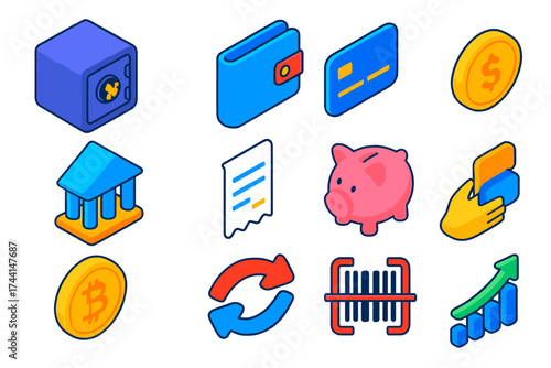 Secure Finance Icons. Isometric vector icon set secure finance: safe box, wallet, credit card, coin money, bank building, bill