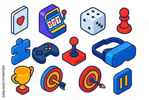 Vibrant Gaming Icons. Isometric vector icon set gaming fun: playing card, slot machine, dice, chess pawn, puzzle piece, gamepad,