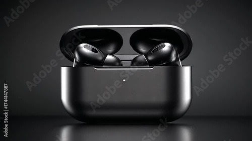 Elegant wireless earbuds with charging case in sleek design and dark ambiance