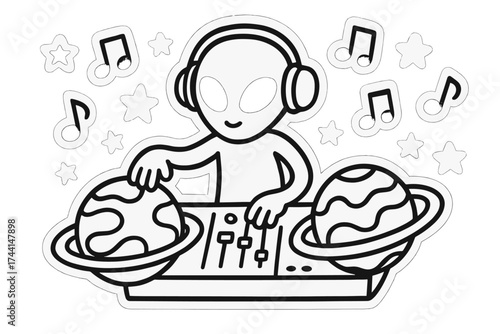 Alien DJ Planet Mix. Vector doodle stickers: alien DJ mixing records shaped like planets, music notes as stars, friendly doodle