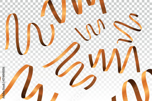 Holiday gold serpentine ribbons isolated on transparent vector background. Festive frame with confetti, glitter tinsel, shiny streamer. Pattern for birthday, party, over design.