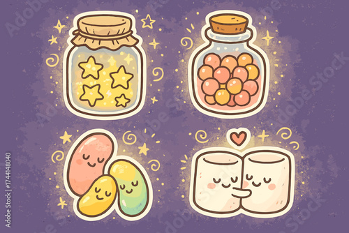 Whimsical Candy Stickers. Magical doodle stickers: candy jars glowing, jellybeans with faces, marshmallows hugging, playful doodle