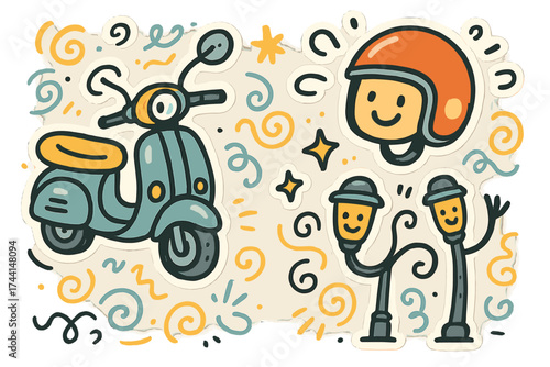 Whimsical Doodle Stickers. Whimsical doodle stickers: scooter with a face, helmet smiling, streetlights waving, playful doodle