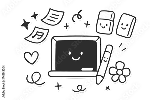 Charming Classroom Stickers. Lovely doodle stickers: blackboard with smiling chalk, erasers with eyes, notes flying like stars,