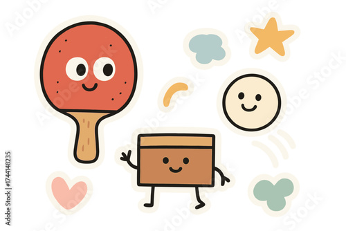 Playful Ping Pong Doodles. Lovely doodle stickers: ping pong paddle with eyes, smiling ball bouncing, tiny table waving,