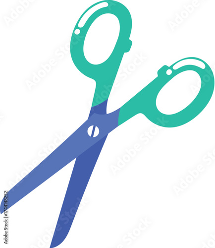 hand drawn scissor for cutting, blue and green sharp scissor, isolated sewing tools illustration