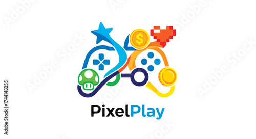 Pixel play logo with game elements vector design