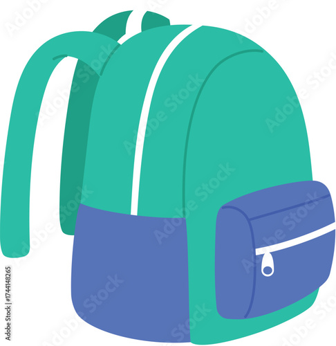 green and blue backpack, back to school, isolated student zipped bag illustration