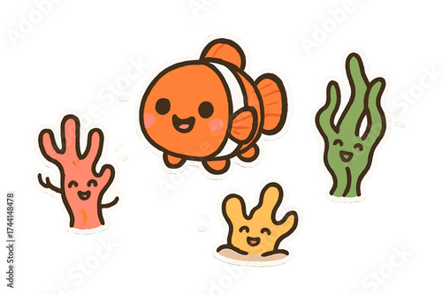 Clownfish Doodle Stickers. Adorable doodle stickers: happy clownfish with eyes, tiny coral and seaweed dancing, cheerful doodle