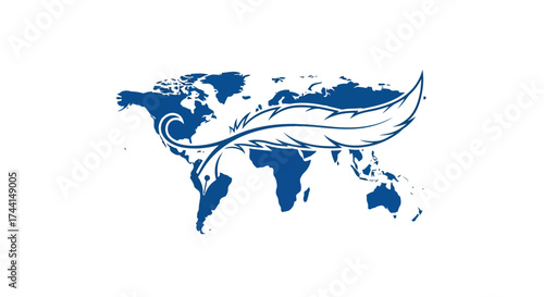 World map with feather, a symbol of global writing vector design