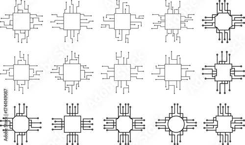 Microchip and circuit board vector set with modern technology processor designs and electronic connection patterns, perfect for digital backgrounds, tech graphics, and futuristic illustrations.