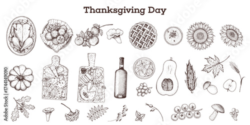 Thanksgiving day sketch collection. Hand drawn illustration. Food hand drawn sketch. Autumn food sketch. Engraved image.	