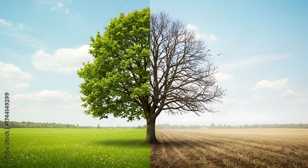 Obraz premium The dichotomy of nature: a green, living tree and vibrant field against its dry, dead counterpart, symbolizing climate challenges