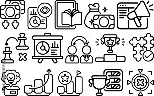 Business success and strategy icon set with leadership, teamwork, financial growth, and achievement symbols in modern line style, perfect for presentations, infographics, and marketing designs.