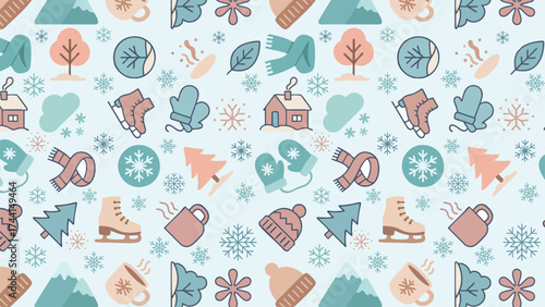 Seamless winter pattern vector in soft pastel tones, showing snowflakes, mittens, hats, scarves, trees, and cups, ideal for seasonal designs, packaging, or greeting cards.