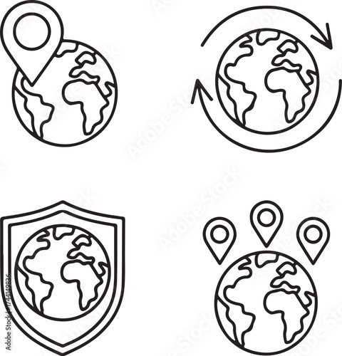 Global business and locations flat icons vector illustration in outline