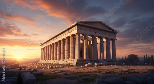 Ancient greek temple ruins with columns at sunset under a colorful sky in a scenic landscape view ai generated