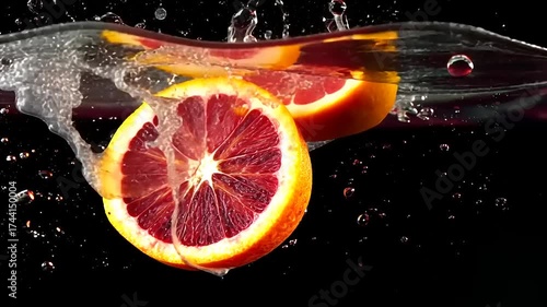 Vibrant Blood Orange Slices Submerged in Water Creating Dynamic Splash Effects