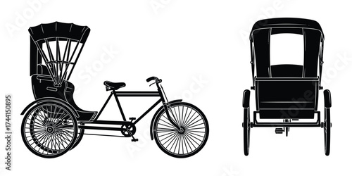 Vector Classic Pulled Rickshaw and Back View Isolated