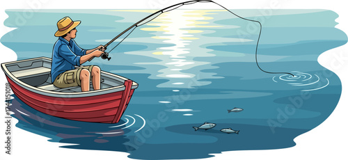 man in small boat patiently enjoying the serene art of freshwater fishing, isolated on transparent background
