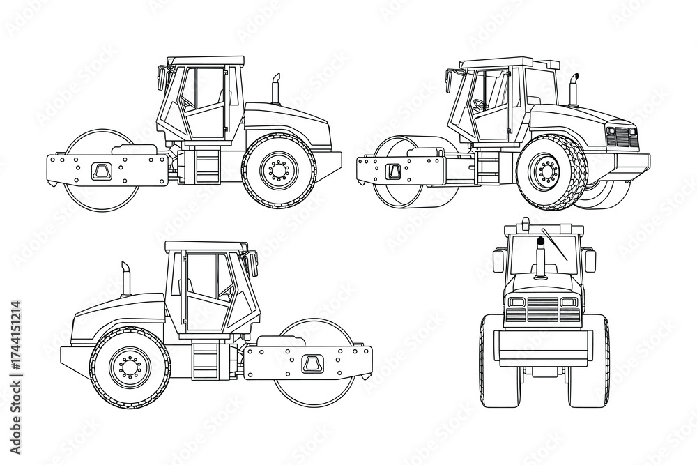 Naklejka premium Road roller construction machine views set, Multiple angle views