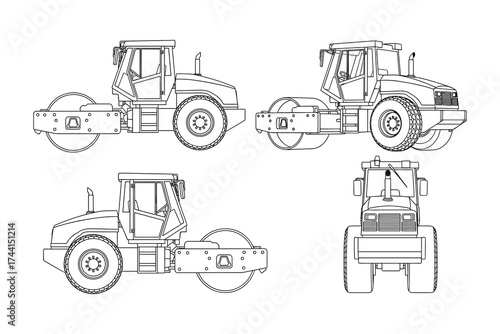 Road roller construction machine views set, Multiple angle views
