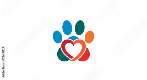 Colorful pet care logo featuring a paw print and heart vector design