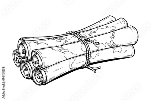 Rolled world maps travel exploration