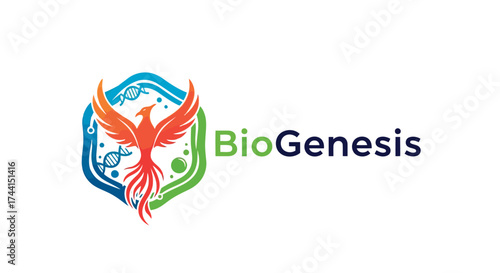 Biogenesis logo design with phoenix bird and dna helix vector design